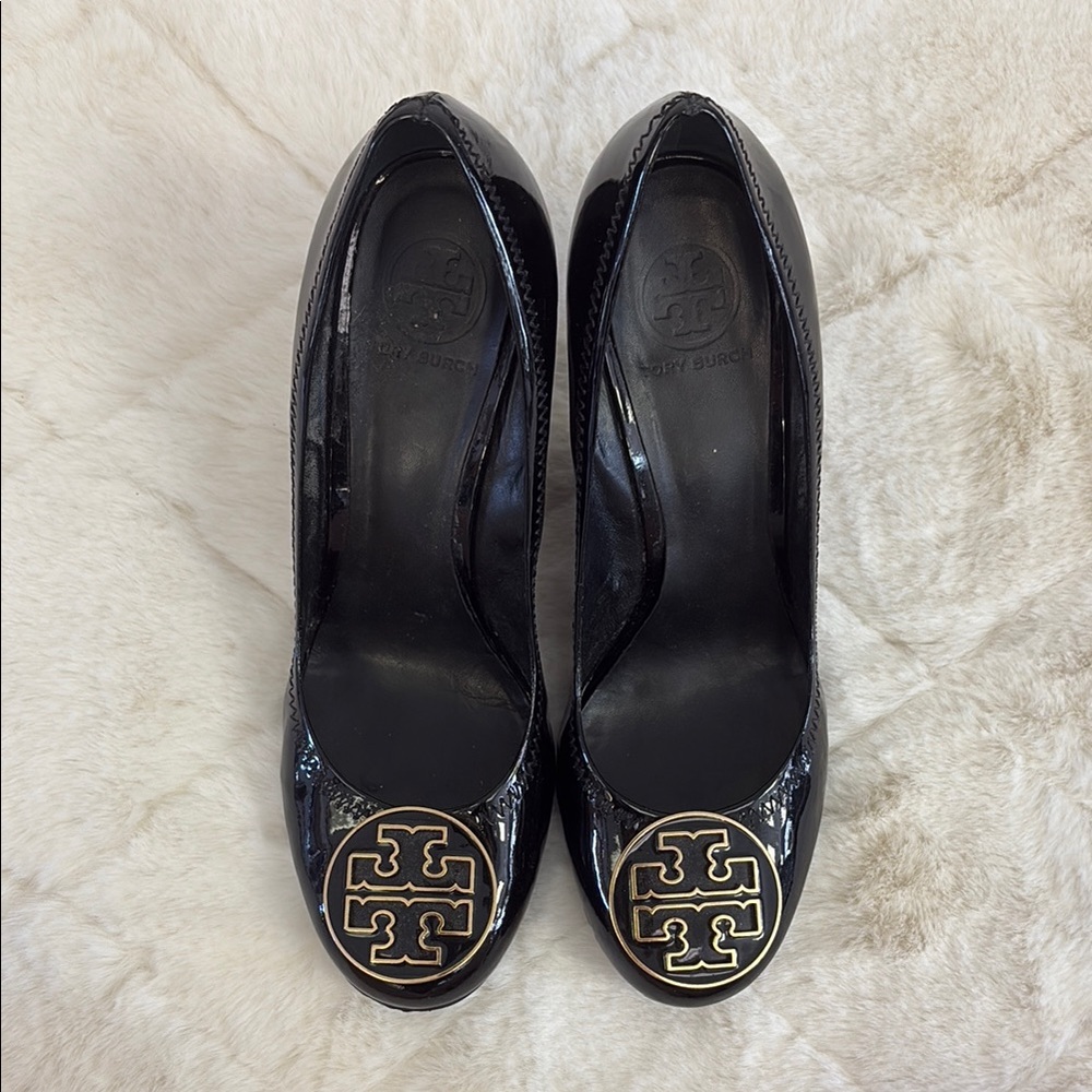 Women’s 3.5” Wedges, Tory Burch, Size 10, Black & Gold, Leather